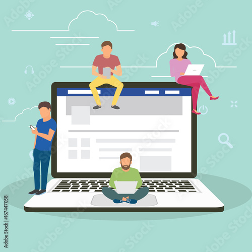 Social network web site surfing concept illustration of young people using mobile gadgets such as smarthone, tablet pc and laptop to be a part of online community. Flat guys and women on big notebook
