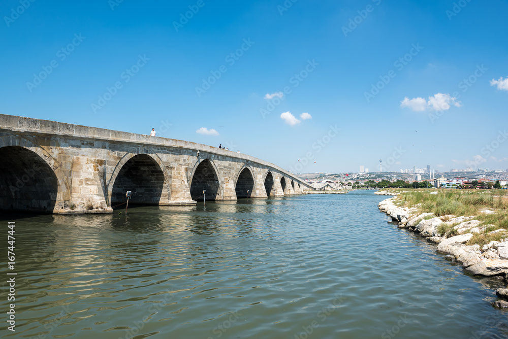 View of Kucukcekmece Mimar Sinan(Architect Sinan)Bridge which was built by Ottoman Architecture Mimar Sinan (Architect Sinan).TURKEY, ISTANBUL,30 JULY 2017