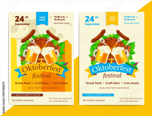 Oktoberfest vector poster background design. Octoberfest holiday banner layout. Party or event flyer with pattern and traditional bavarian symbols. Promo or promotional ad material.