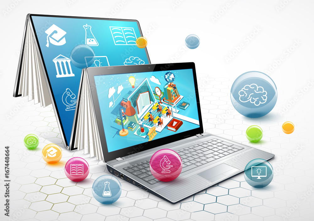 Laptop as a book. The concept of learning. Online education. Illustration