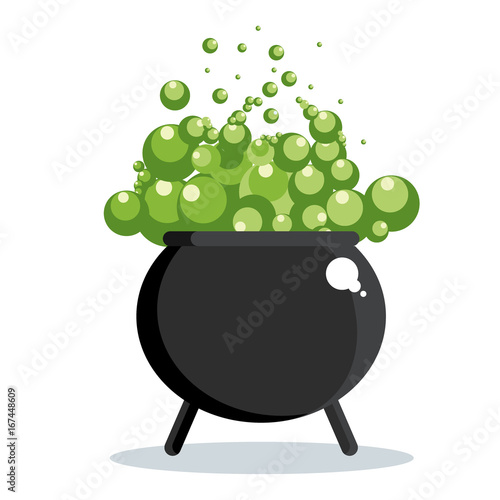 Black witch cauldron with green gurgling potion. Halloween icon. Flat vector cartoon illustration. Objects isolated on a white background.