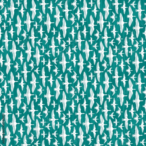 Hand drawn seamless pattern of birds flying over the ocean
