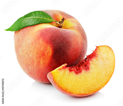 Peach with slice and leaf isolated on white background