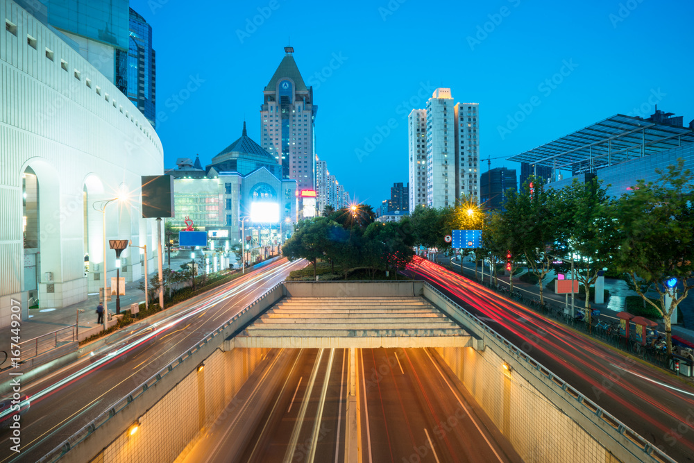 Fototapeta premium perspective view of downtown cityscape from footbridge,shanghai,china.
