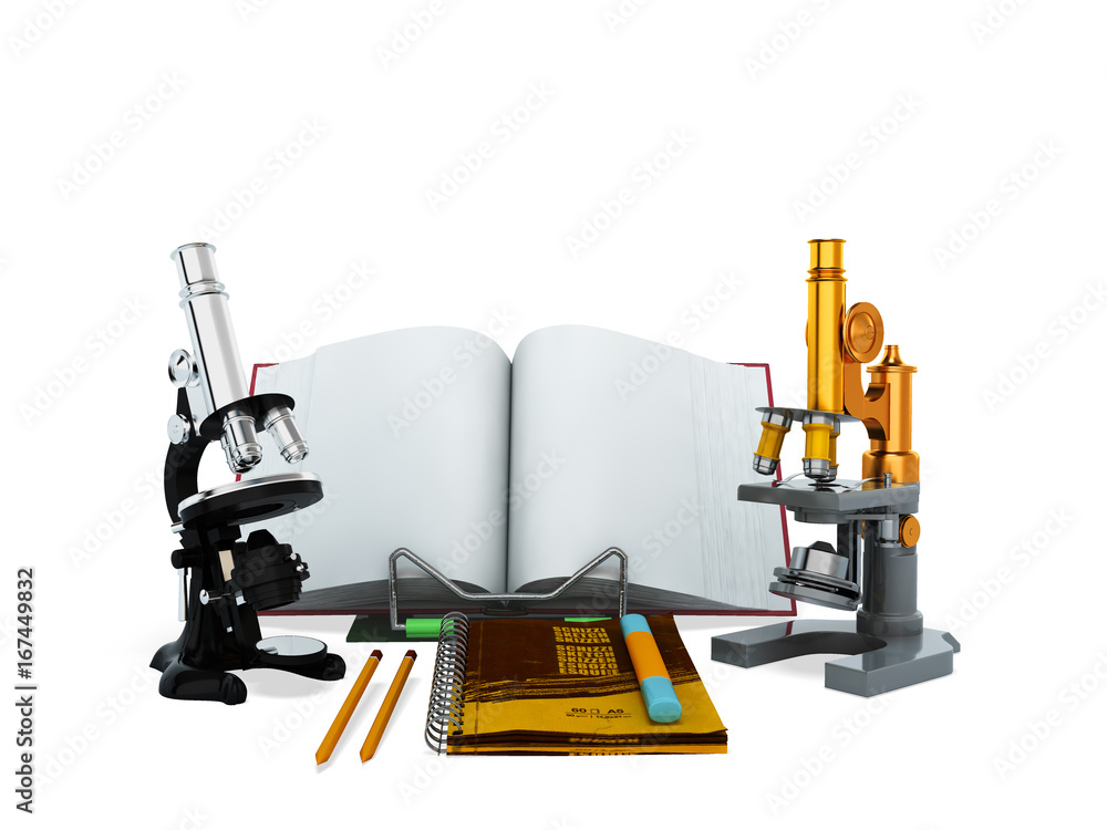 Concepts of school and education biology microscope 3D render on white background