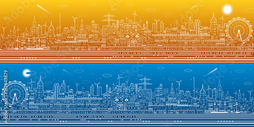 Day and night city panorama, town infrastructure illustration, ferris wheel, modern skyline, white lines on blue background, vector design art 