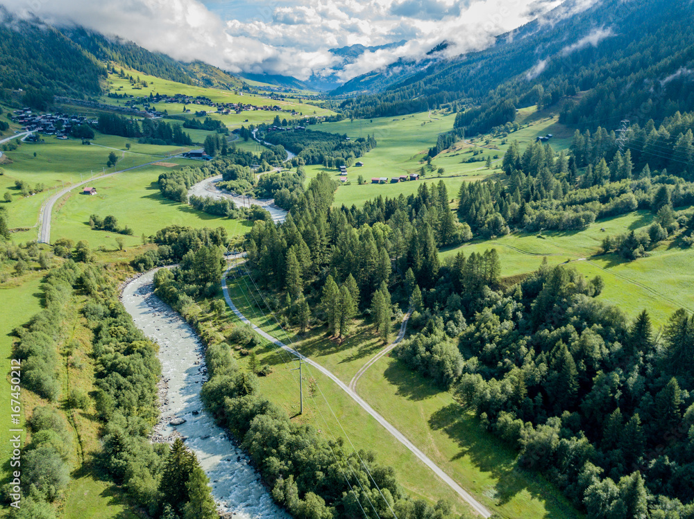 Aerial view of alpine valley in Switzerland