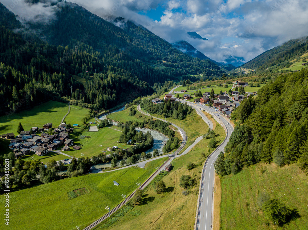 Aerial view of alpine village in Switzerland