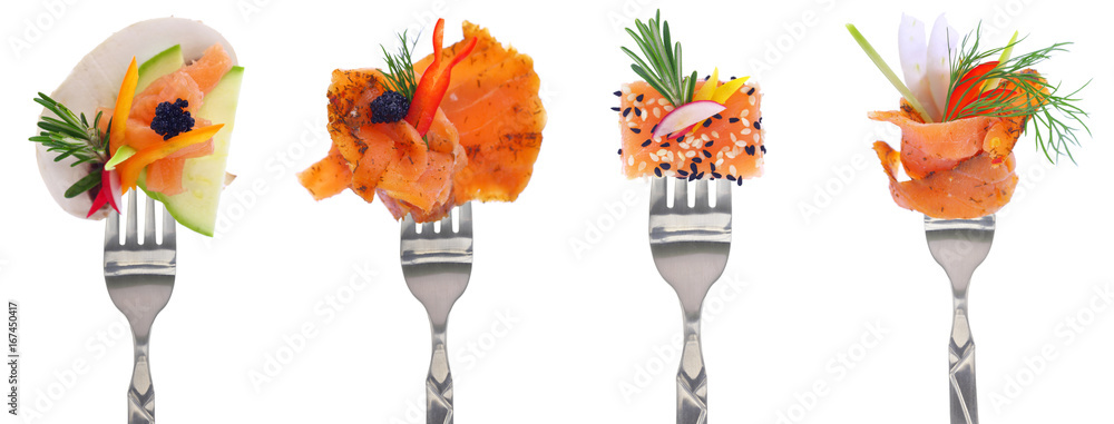 Variety of smoked salmon starters - white background Stock Photo
