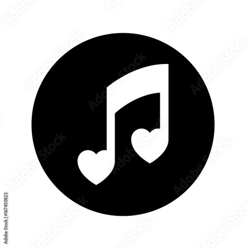 Icono plano nota musical corazones blanco en circulo negro