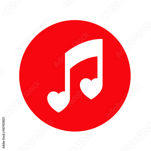Icono plano nota musical corazones blanco en circulo rojo
