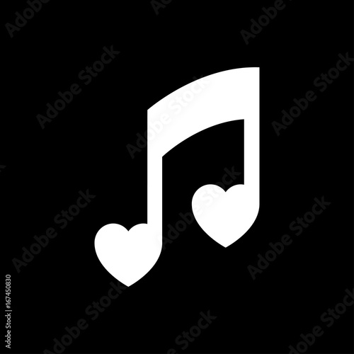 Icono plano nota musical corazones blanco en fondo negro