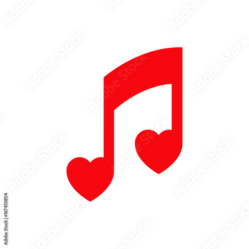 Icono plano nota musical corazones rojo en fondo blanco