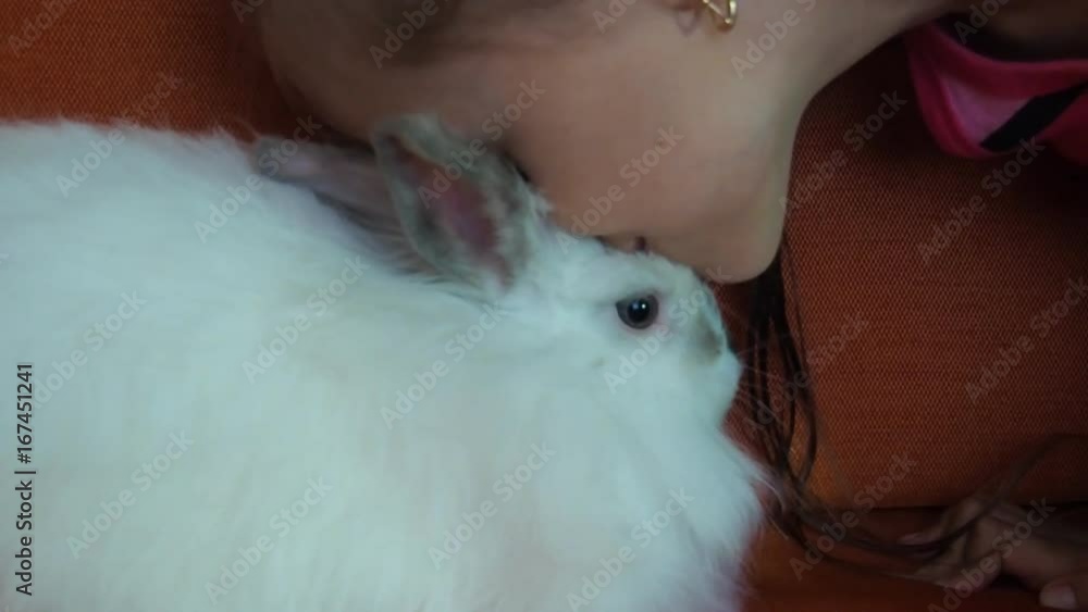 A child kisses a white rabbit. Rabbit close-up. A child kisses a white rabbit. Rabbit close-up.
