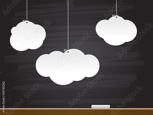 Paper clouds on chalkboard. Vector illustration.