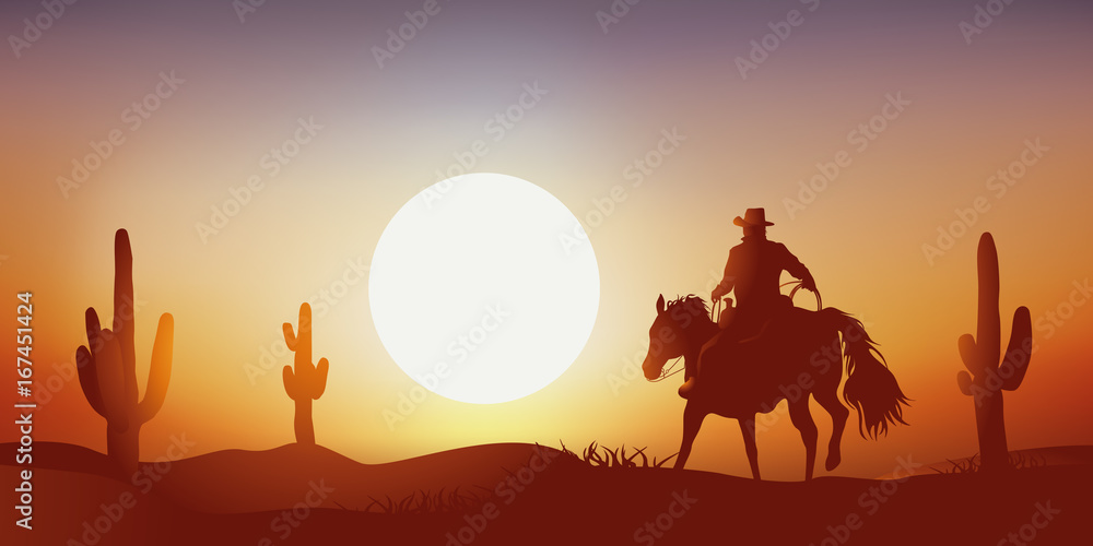 Fototapeta kowboj - zachód słońca - koń - krajobraz, western, pustynia - kaktus
