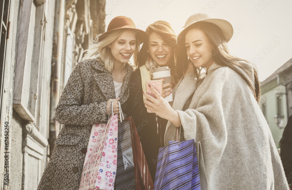 Young female best friends doing shopping on the streets. The young women, best friends, buying over the Internet.