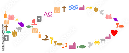 Bunte christliche Symbole bilden einen Fisch 