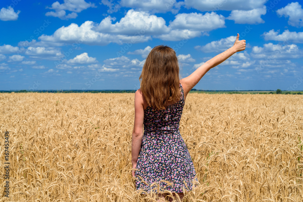 Back view of beautiful young woman in dress walking in golden wheat field and pointing one finger up gesture, free space. Liberty, peace of mind concept. Girl in spikes of wheat field under blue sky Back view of beautiful young woman in dress walking in golden wheat field and pointing one finger up gesture, free space. Liberty, peace of mind concept. Girl in spikes of wheat field under blue sky