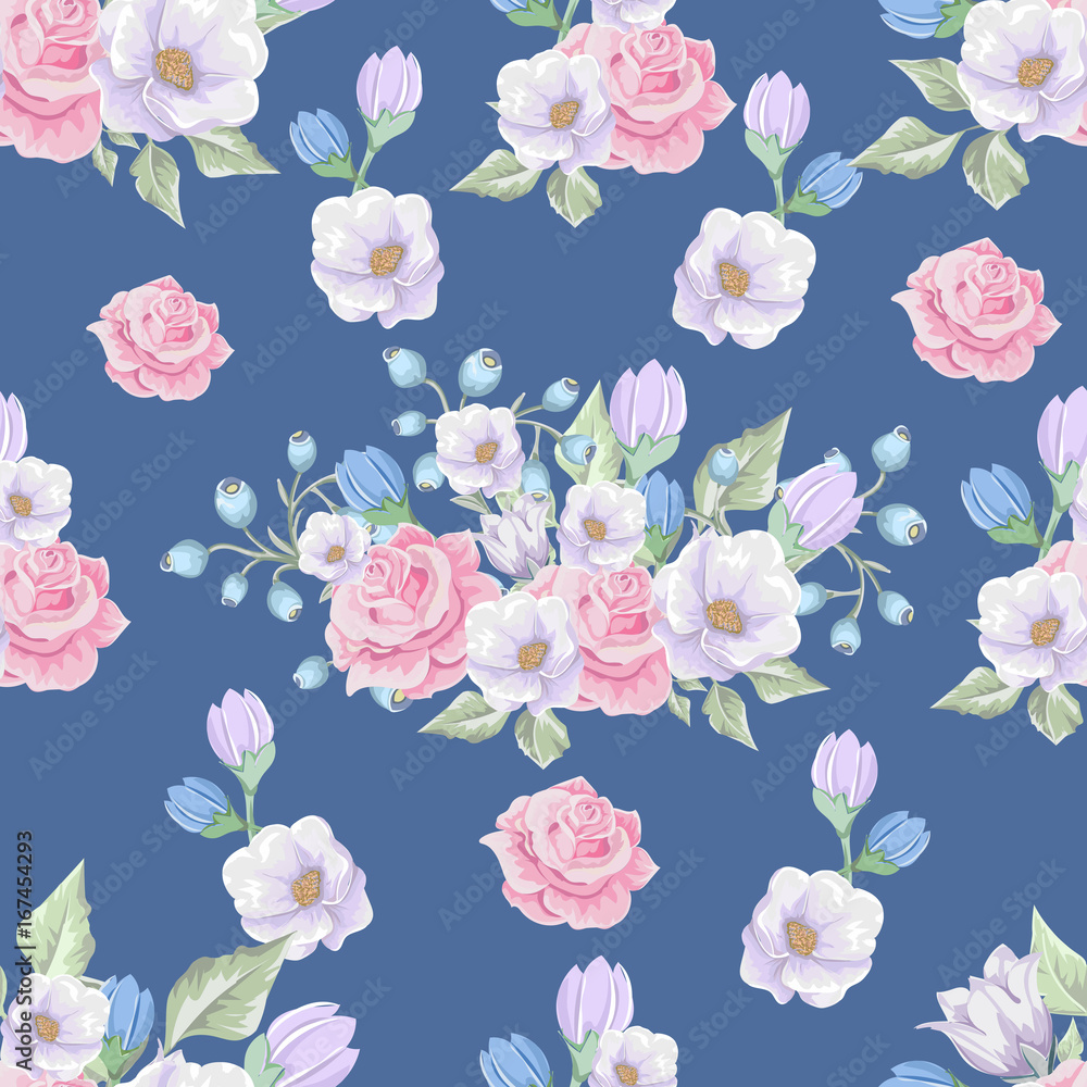 Floral seamless pattern with soft pink  bouquets of flowers.  Vector hand drawn background.