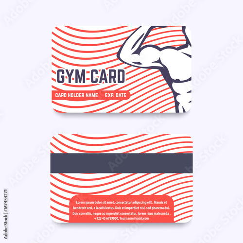 fitness club, gym card design with strong athlete flexing biceps