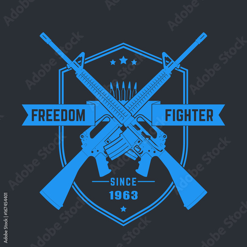 Freedom fighter, vintage t-shirt print, emblem with assault rifles, blue on black