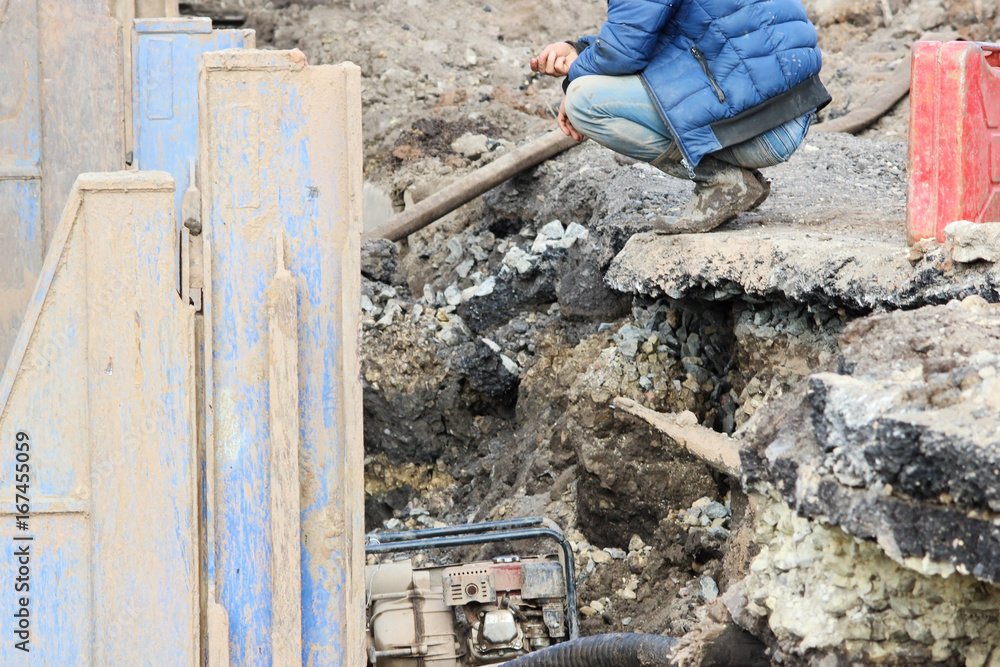 installation of metal structures - immediate support for draining soil at the construction site of the road in marshland installation of metal structures - immediate support for draining soil at the construction site of the road in marshland