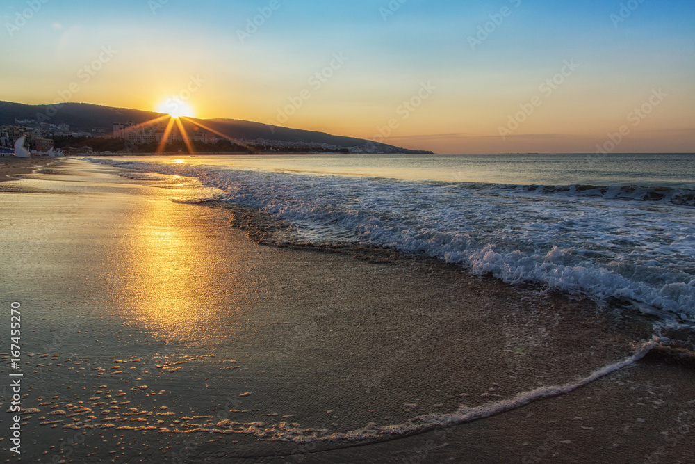 Sunrise at Sunny beach, Bulgaria, Europe. Beautiful sunrise at the beach.