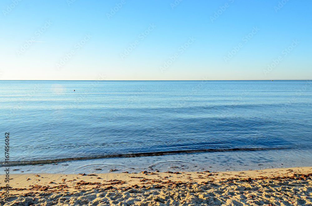 Beach of Black Sea shore from Albena, Bulgaria with golden sands, blue clear water Beach of Black Sea shore from Albena, Bulgaria with golden sands, blue clear water