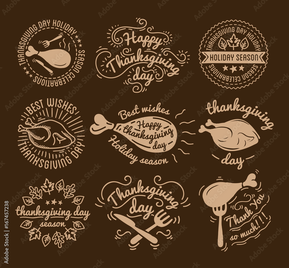 Set of labels design template to Thanksgiving Day. Black icons with turkey for banner and invitation. Vector tags, stickers  badges  symbols  fall holiday.