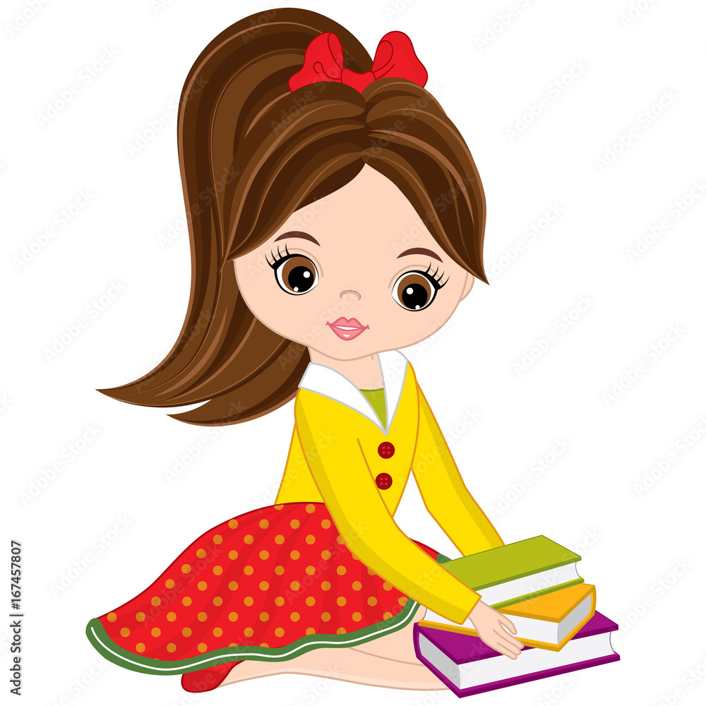 Vector Cute Little Girl with Books Vector Cute Little Girl with Books
