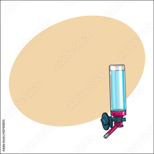 Automatic refillable drinker, can be attached to pet, cat, dog, parrot cage, crate wall, sketch vector illustration with space for text. Refillable, attachable drinker for pets and birds