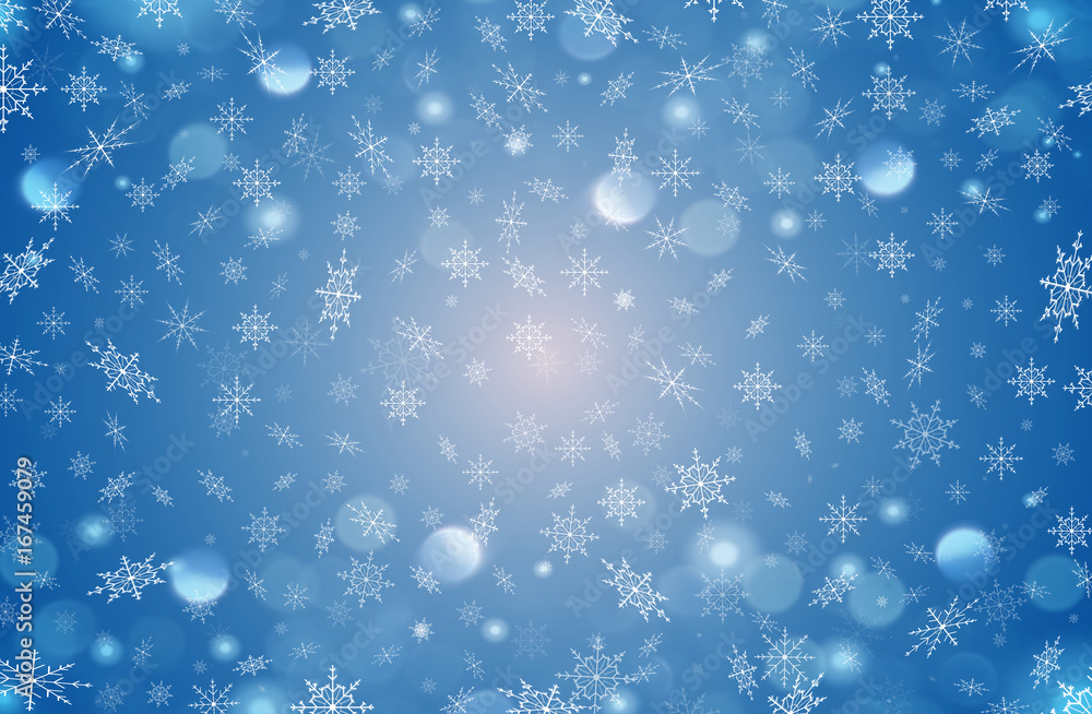 красивый зимний фон из белых снежинок на синем фоне       