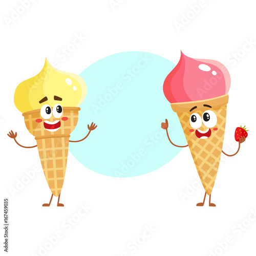 Two funny ice cream cone characters - strawberry and vanilla, cartoon style vector illustration with space for text. Couple of cute smiling strawberry and pistachio ice cream cone characters