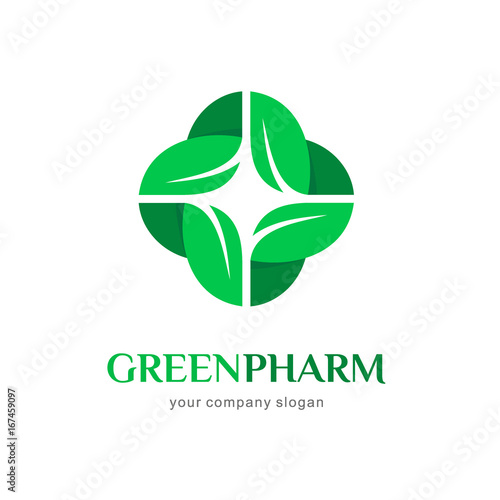 Vector logo pharmacy. Green cross from the leaves. Eco, bio, organic emblem
