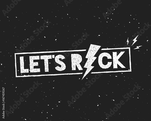 Typographical Vintage Poster Let's Rock on Dark Background. Stylized words with lightnings. Template for cover, sticker, banner, label, flyer, apparel, print, tag, emblem, sign or other art works