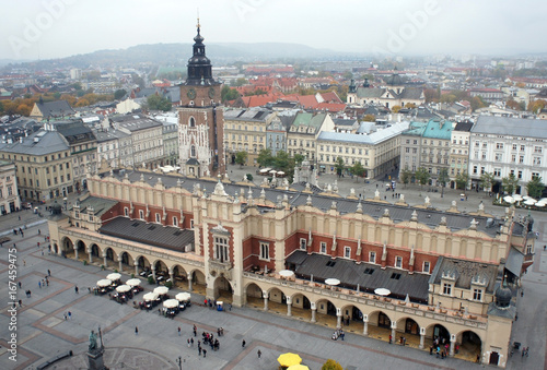 Aerial view of Cloth hall and town hall in the main Market Square, Krakow, Poland