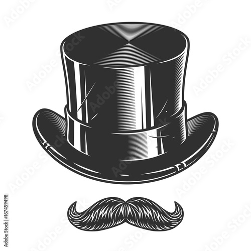Monochrome illustration of top hat and moustache isolated on white background