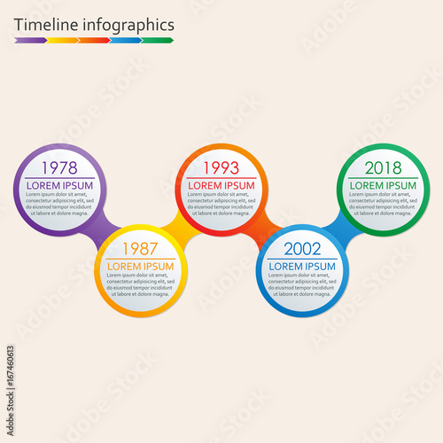Timeline Infographics template with icons. 5 steps, options or levels Timeline Infographic design elements. Colorful vector illustration.