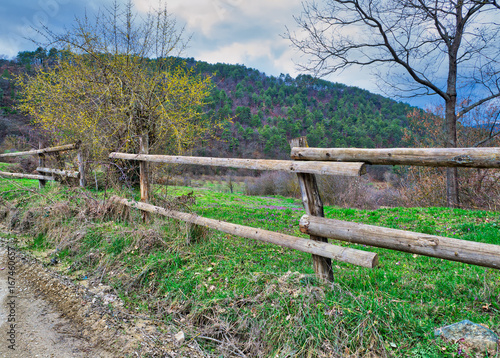Old wooden fence  trees  green grass  and blue cloudy sky on green meadow  Mudurnu  Turkey
