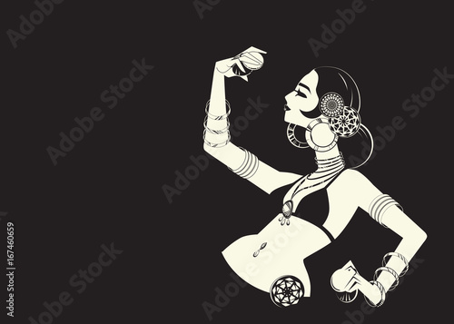 tribal belly dancer with cymbals holding expressive impressive p