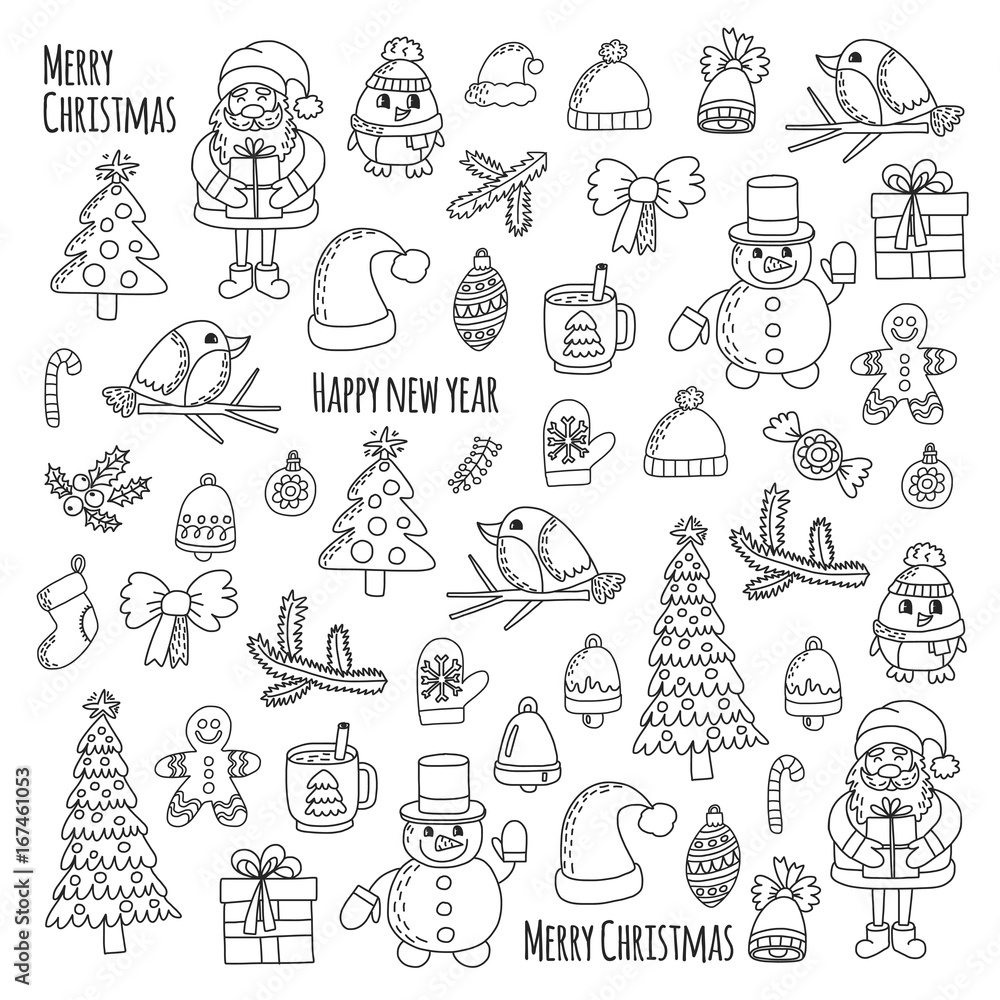 Christmas New year Santa Claus Doodle vector icons Presents Birds Christmas tree Candy Christmas bell Snowflake Coloring page Christmas New year Santa Claus Doodle vector icons Presents Birds Christmas tree Candy Christmas bell Snowflake Coloring page