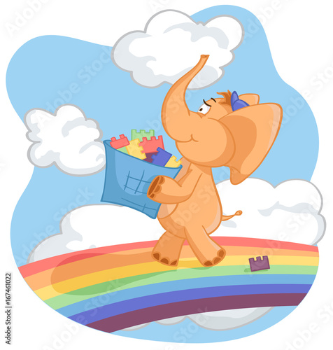 Orange elephant carries a box of toys