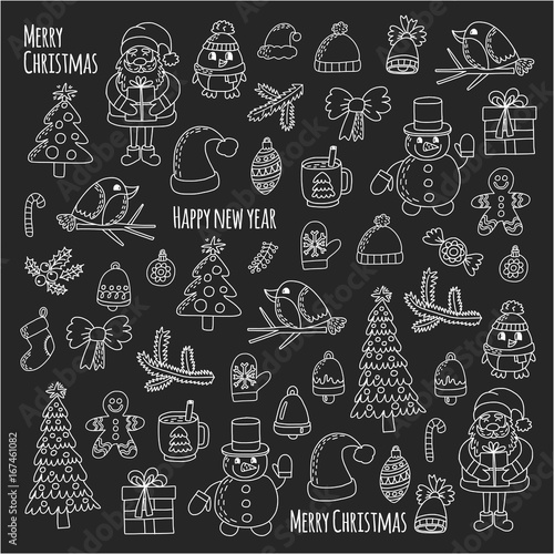 Christmas New year Santa Claus Doodle vector icons Presents Birds Christmas tree Candy Christmas bell Snowflake