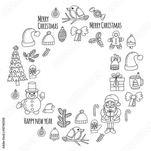Christmas New year Santa Claus Doodle vector icons Presents Birds Christmas tree Candy Christmas bell Snowflake Coloring page
