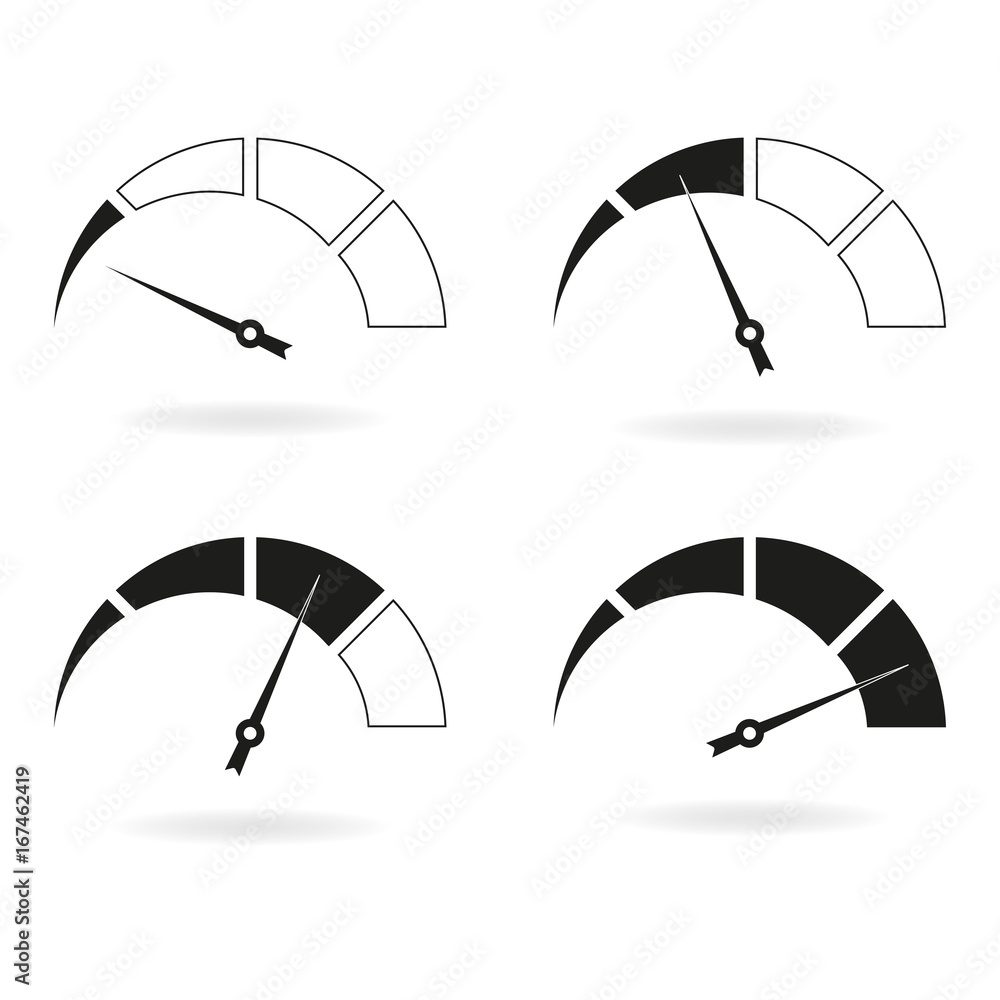 Speedometer icon set. Meter with arrow and gauge symbol. Vector illustration. Stock Vector