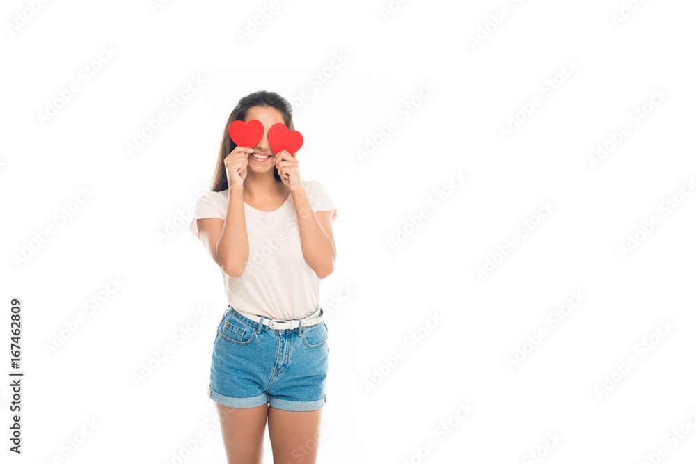 'portrait of attractive young woman with red paper hearts on eyes, isolated on white 'portrait of attractive young woman with red paper hearts on eyes, isolated on white
