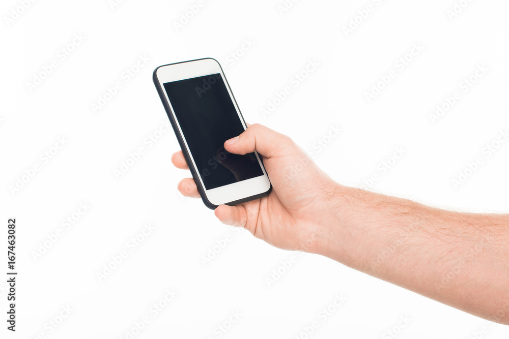 'Close-up cropped view human hand holding smartphone with blank screen, isolated on white 'Close-up cropped view human hand holding smartphone with blank screen, isolated on white
