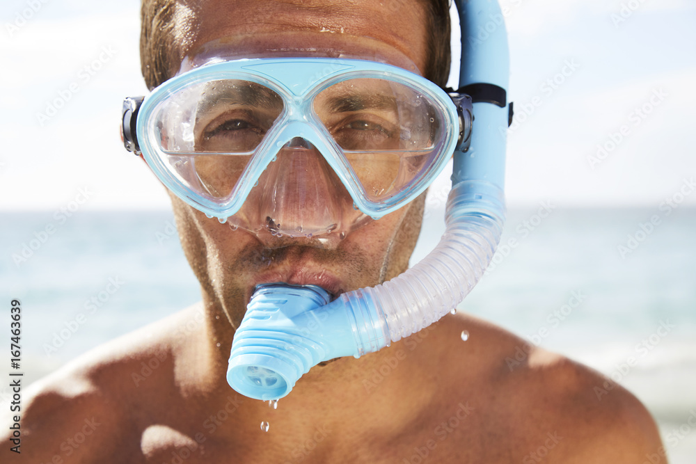 Guy wearing scuba mask filled with water, close up