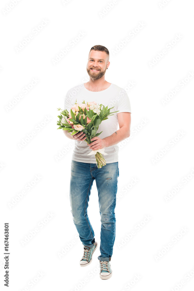'portrait of handsome bearded man standing with bouquet of flowers, isolated on white 'portrait of handsome bearded man standing with bouquet of flowers, isolated on white